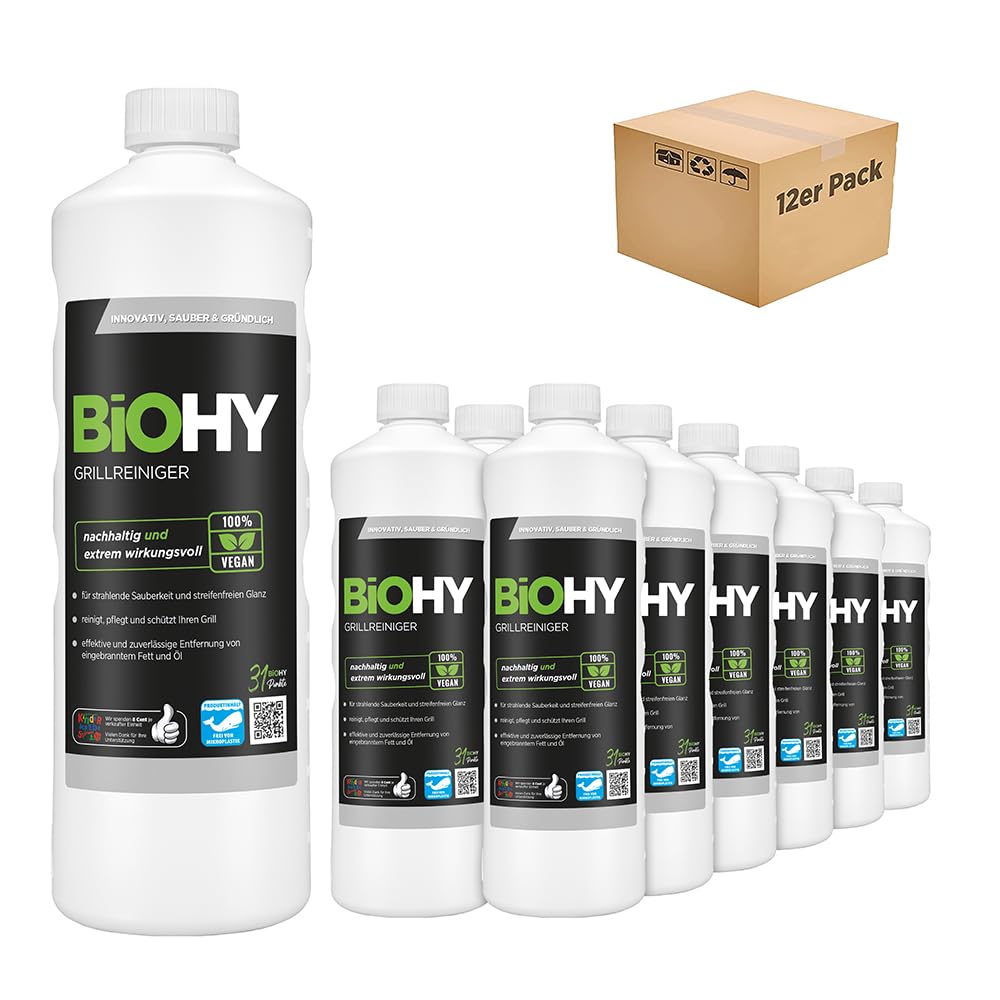BiOHY Limpiador de parrillas (2 botellas de 1 litro) | limpiador para barbacoa de carbón vegetal, gas y eléctrica | espuma activa contra la grasa quemada y el aceite (Grillreiniger)