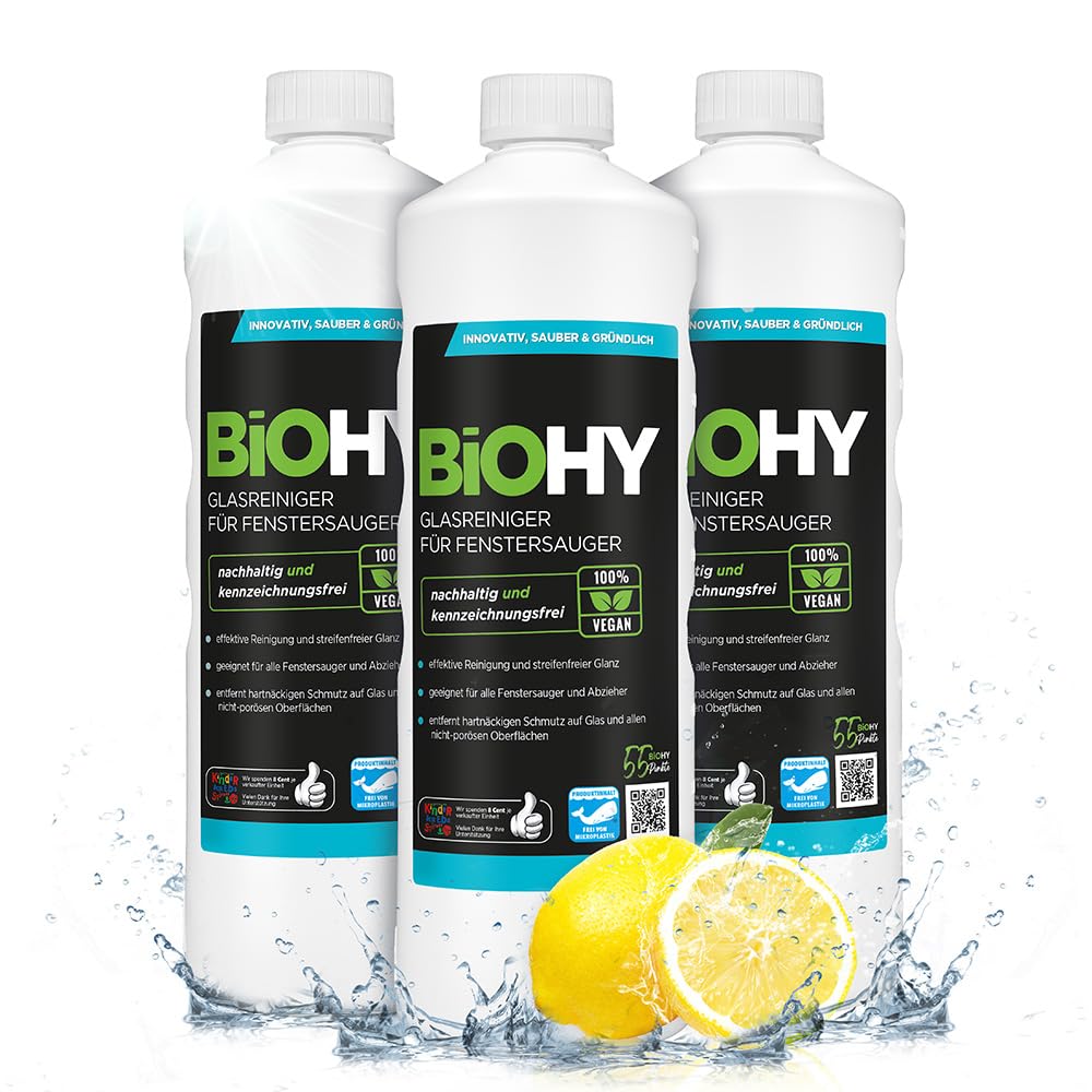 BiOHY Limpiador de vidrios para aspiradoras de ventanas (1 botella de 1 litro) | adecuado para todos los ácidos de las ventanas | brillante en todas las superficies (Fenstersauger)