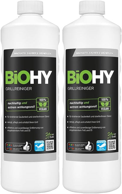 BiOHY Limpiador de parrillas (2 botellas de 1 litro) | limpiador para barbacoa de carbón vegetal, gas y eléctrica | espuma activa contra la grasa quemada y el aceite (Grillreiniger)