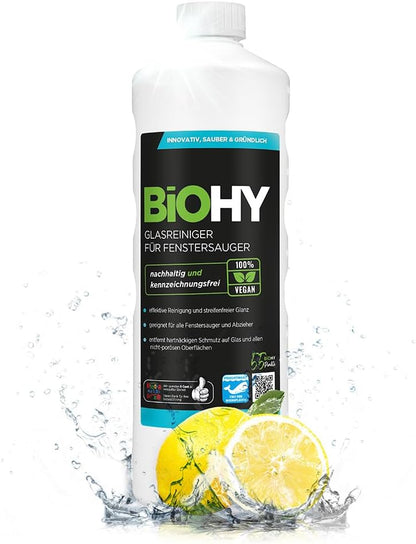 BiOHY Limpiador de vidrios para aspiradoras de ventanas (1 botella de 1 litro) | adecuado para todos los ácidos de las ventanas | brillante en todas las superficies (Fenstersauger)