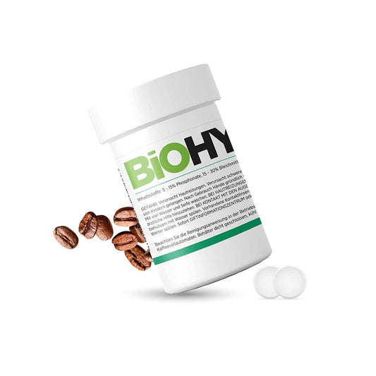 BiOHY Pastillas de limpieza para cafeteras automáticas (30 Tabs) | Todas las marcas | Mejor aroma y larga vida de los aparatos (Reinigungstabletten)