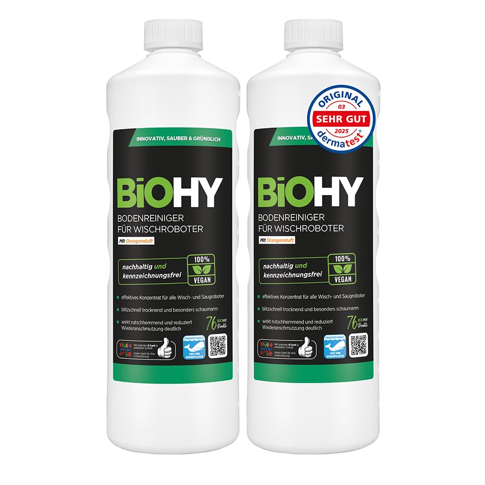 BiOHY Limpiador de suelos para todos los robots con aroma a naranja (500 ml) | Detergente concentrado para todos los robots limpiadores y aspiradores con función húmeda | Sin espuma y sin rayas | Para