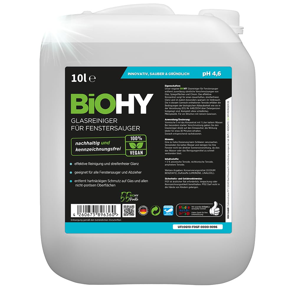 BiOHY Limpiador de vidrios para aspiradoras de ventanas (1 botella de 1 litro) | adecuado para todos los ácidos de las ventanas | brillante en todas las superficies (Fenstersauger)