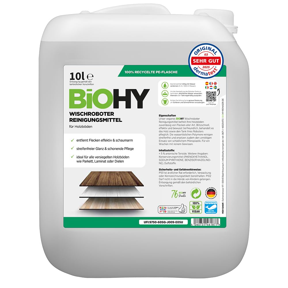 BiOHY Detergente robot de limpieza (1 botella de 1 litro) | Limpiador para los suelos de madera | parquet y laminado | Concentrado con fragancia fresca brillo sin rayas| vegano (Wischroboter Holz)