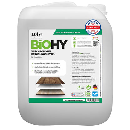BiOHY Detergente robot de limpieza (1 botella de 1 litro) | Limpiador para los suelos de madera | parquet y laminado | Concentrado con fragancia fresca brillo sin rayas| vegano (Wischroboter Holz)