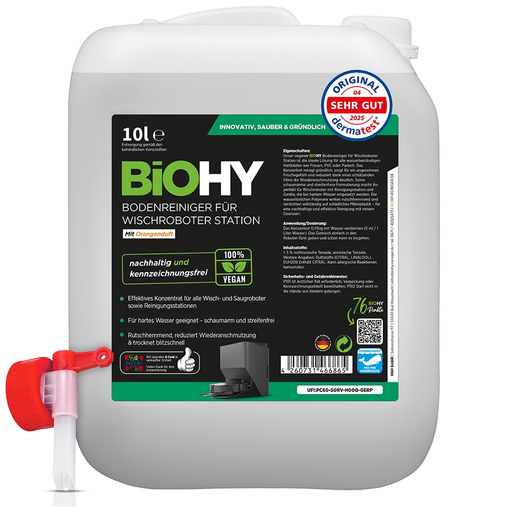 BiOHY Limpiador de suelos para todos los robots con aroma a naranja (500 ml) | Detergente concentrado para todos los robots limpiadores y aspiradores con función húmeda | Sin espuma y sin rayas | Para