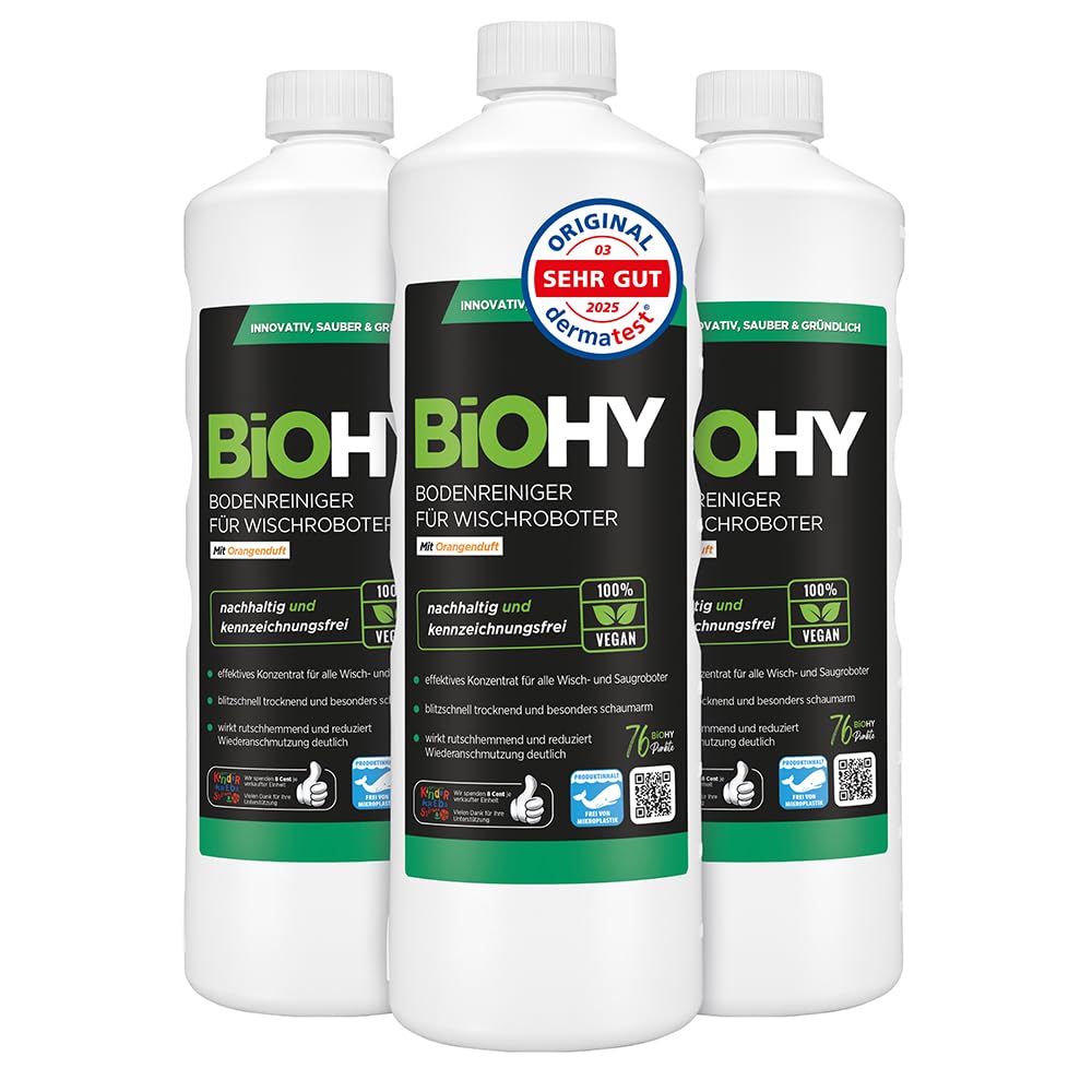 BiOHY Limpiador de suelos para todos los robots con aroma a naranja (500 ml) | Detergente concentrado para todos los robots limpiadores y aspiradores con función húmeda | Sin espuma y sin rayas | Para
