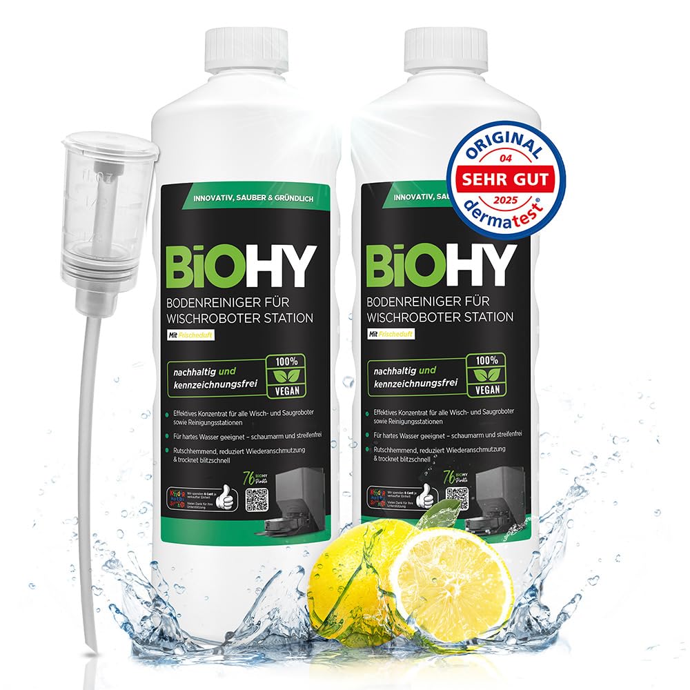 BiOHY Limpiador de suelos para todos los robots con aroma a naranja (500 ml) | Detergente concentrado para todos los robots limpiadores y aspiradores con función húmeda | Sin espuma y sin rayas | Para