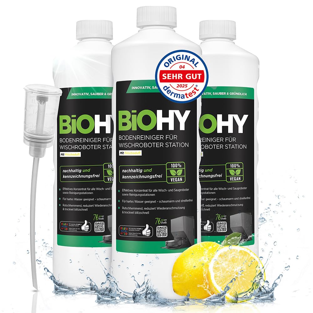 BiOHY Limpiador de suelos para todos los robots con aroma a naranja (500 ml) | Detergente concentrado para todos los robots limpiadores y aspiradores con función húmeda | Sin espuma y sin rayas | Para