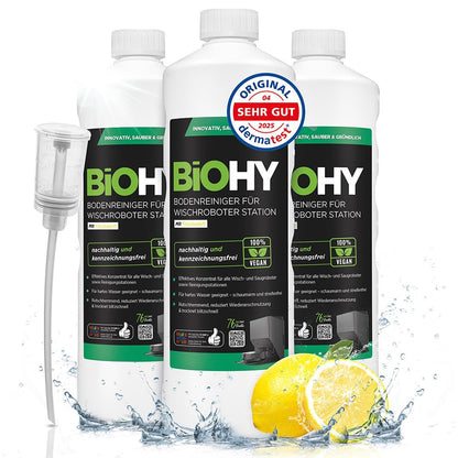 BiOHY Limpiador de suelos para todos los robots con aroma a naranja (500 ml) | Detergente concentrado para todos los robots limpiadores y aspiradores con función húmeda | Sin espuma y sin rayas | Para