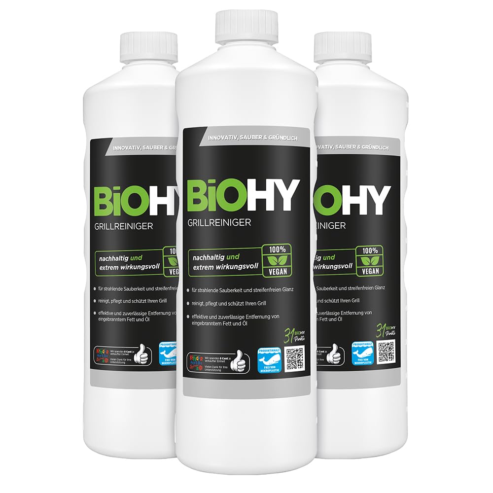 BiOHY Limpiador de parrillas (2 botellas de 1 litro) | limpiador para barbacoa de carbón vegetal, gas y eléctrica | espuma activa contra la grasa quemada y el aceite (Grillreiniger)