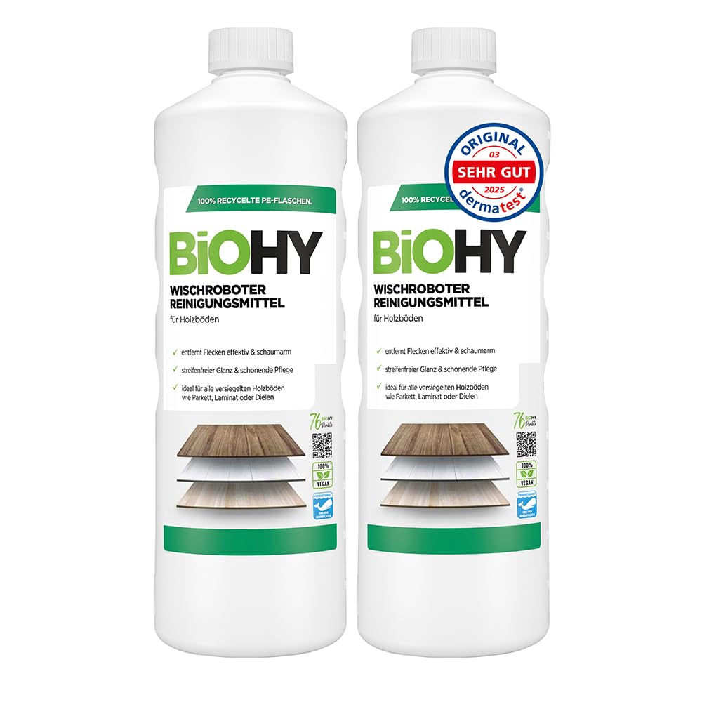 BiOHY Detergente robot de limpieza (1 botella de 1 litro) | Limpiador para los suelos de madera | parquet y laminado | Concentrado con fragancia fresca brillo sin rayas| vegano (Wischroboter Holz)