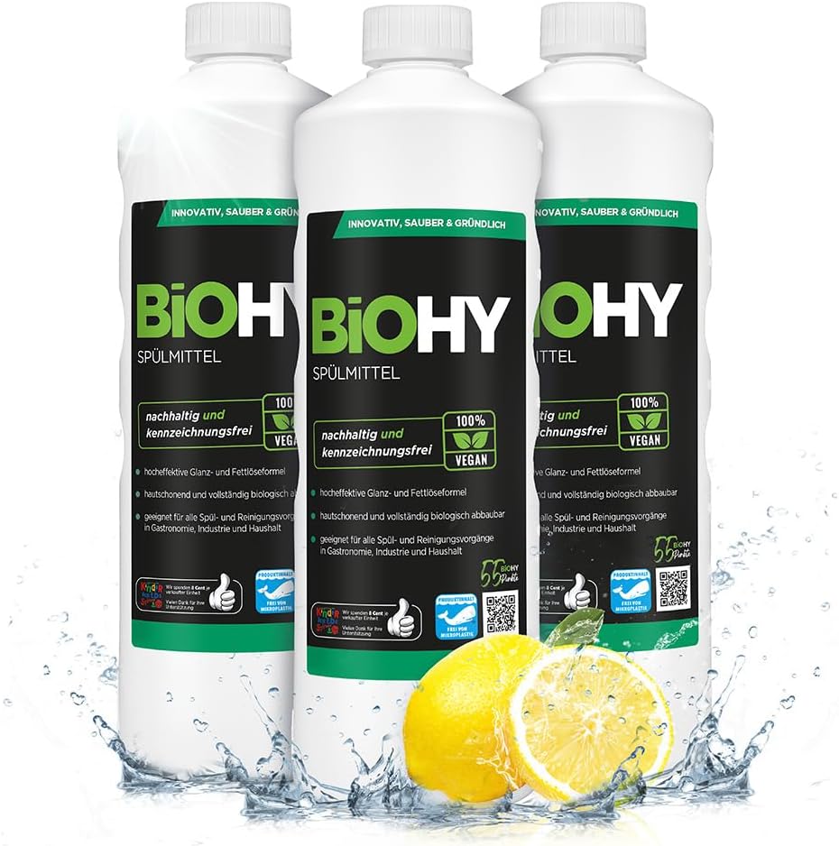 BiOHY Lavavajillas a mano (3 botellas de 1 litro) | Libre de fosfatos | libre de químicos dañinos y biodegradables | Adecuado para la restauración y el hogar (Spülmittel)