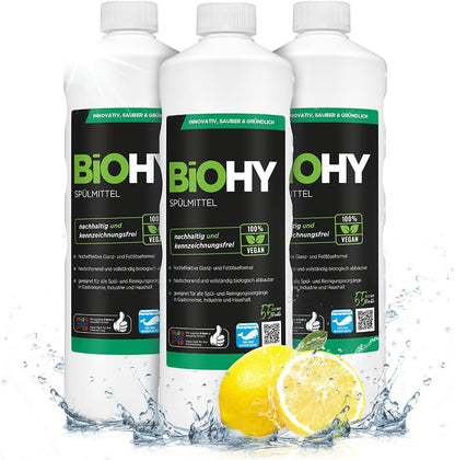 BiOHY Lavavajillas a mano (3 botellas de 1 litro) | Libre de fosfatos | libre de químicos dañinos y biodegradables | Adecuado para la restauración y el hogar (Spülmittel)