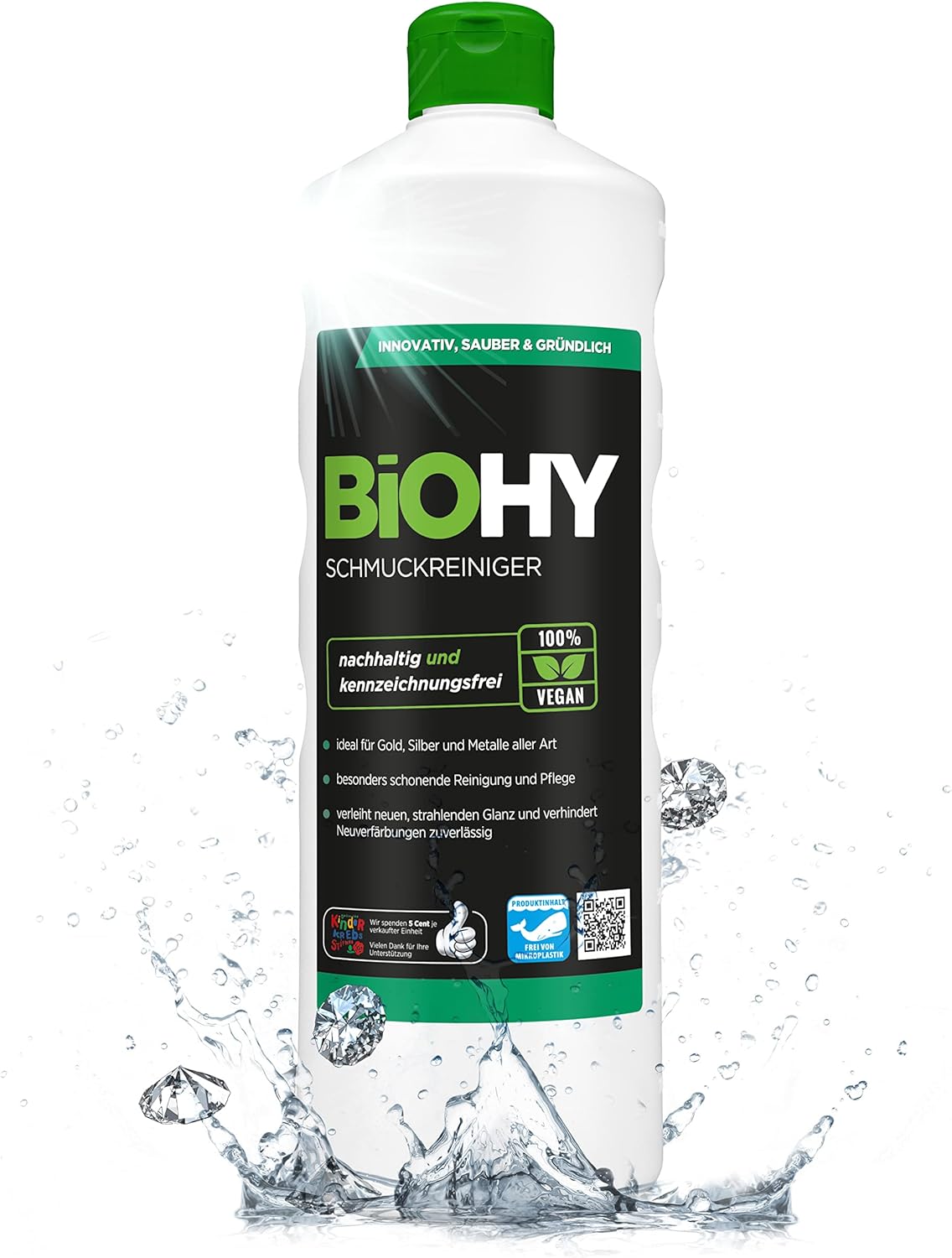 BiOHY Limpiador de joyas (1 botella de 1 litro) | Fórmula de brillo activo |Limpieza sostenible y suave para relojes, gafas, joyas y metales preciosos (Schmuckreiniger)