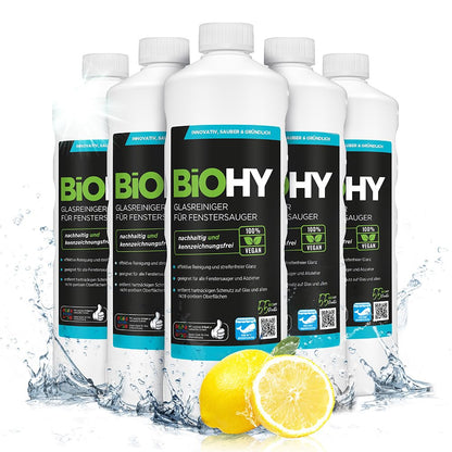 BiOHY Limpiador de vidrios para aspiradoras de ventanas (1 botella de 1 litro) | adecuado para todos los ácidos de las ventanas | brillante en todas las superficies (Fenstersauger)