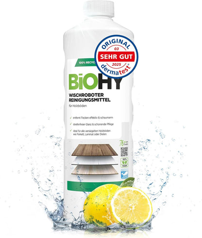 BiOHY Detergente robot de limpieza (1 botella de 1 litro) | Limpiador para los suelos de madera | parquet y laminado | Concentrado con fragancia fresca brillo sin rayas| vegano (Wischroboter Holz)