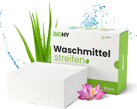 BiOHY Hojas de detergente (1 x 60 piezas) | Detergente de viaje sostenible UNIVERSAL sin plástico | Papel de lavado 100% biodegradable | Tiras de detergente hidrosoluble para lavadora (Wasch Blätter)