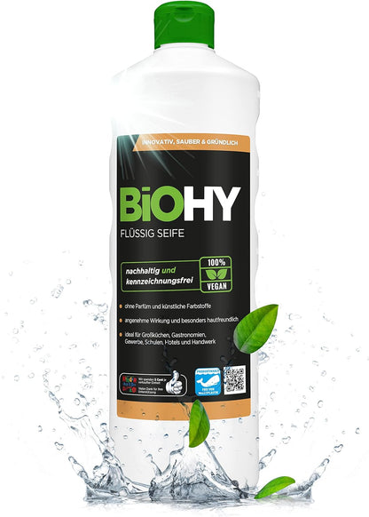 BiOHY Jabón líquido (1 botella de 1 litro) | Jabón de manos líquido, hidratante y respetuoso con la piel | LIBRE DE FOSFATOS | apropiado para la cara | higiene sin olor (Flüssig Seife)