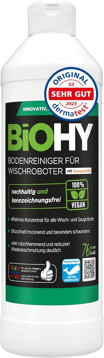 BiOHY Limpiador de suelos para todos los robots con aroma a naranja (500 ml) | Detergente concentrado para todos los robots limpiadores y aspiradores con función húmeda | Sin espuma y sin rayas | Para