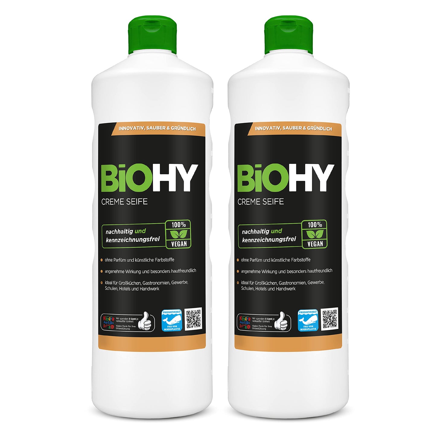 BiOHY Crema de Jabon (1 botella de 1 litro) | Suave, hidratante e inodoro jabón de manos del sector vegetal | LIBRE DE FOSFATOS Sin perfume ni colorantes (Creme Seife)