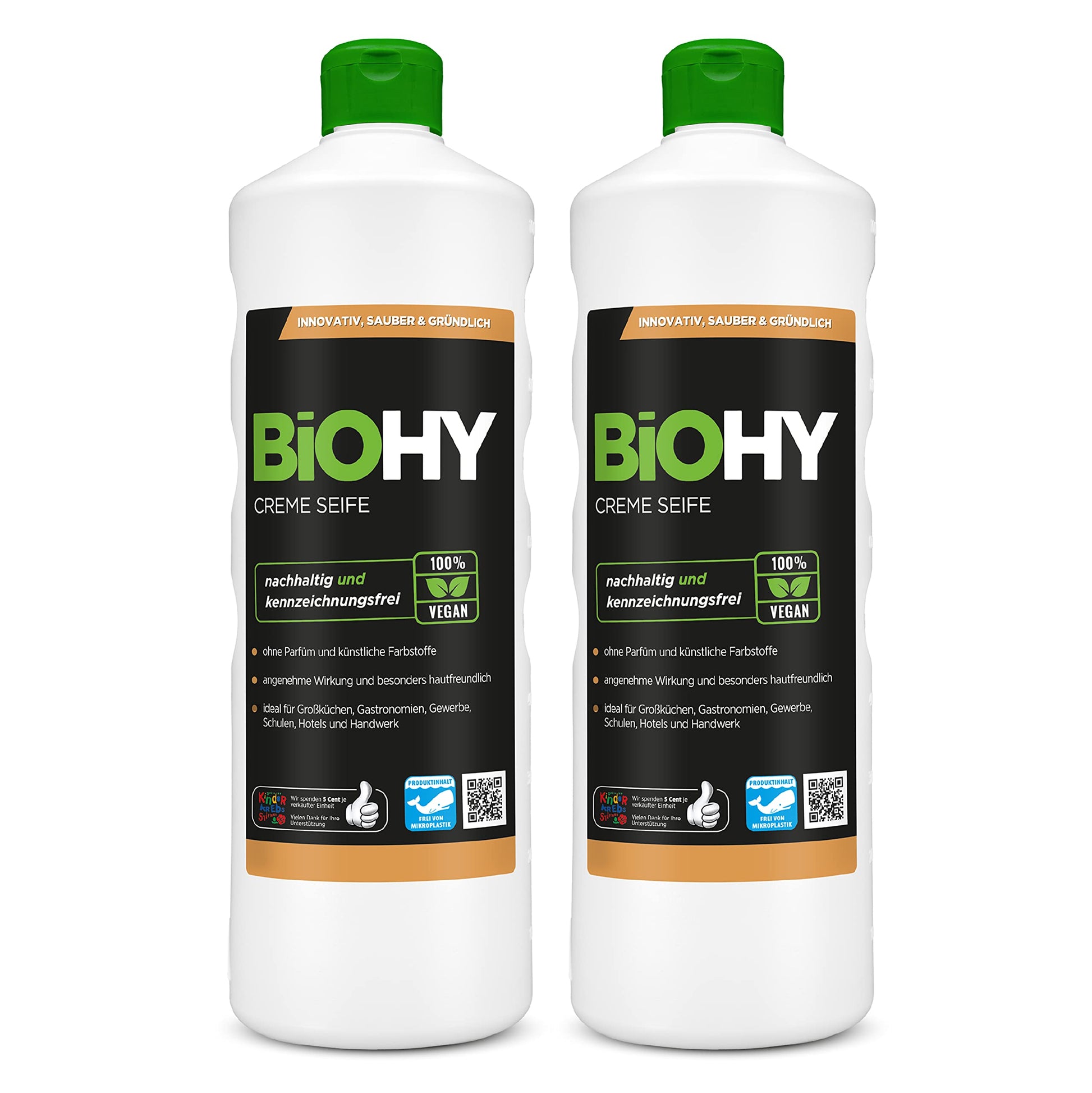 BiOHY Crema de Jabon (1 botella de 1 litro) | Suave, hidratante e inodoro jabón de manos del sector vegetal | LIBRE DE FOSFATOS Sin perfume ni colorantes (Creme Seife)