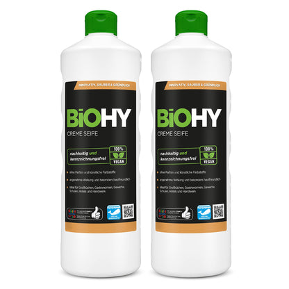 BiOHY Crema de Jabon (1 botella de 1 litro) | Suave, hidratante e inodoro jabón de manos del sector vegetal | LIBRE DE FOSFATOS Sin perfume ni colorantes (Creme Seife)