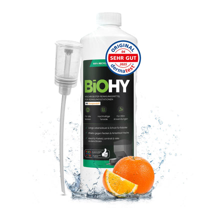 BiOHY Limpiador de suelos para todos los robots con aroma a naranja (500 ml) | Detergente concentrado para todos los robots limpiadores y aspiradores con función húmeda | Sin espuma y sin rayas | Para