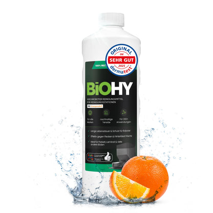 BiOHY Limpiador de suelos para todos los robots con aroma a naranja (500 ml) | Detergente concentrado para todos los robots limpiadores y aspiradores con función húmeda | Sin espuma y sin rayas | Para