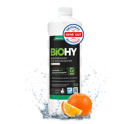 BiOHY Limpiador de suelos para todos los robots con aroma a naranja (500 ml) | Detergente concentrado para todos los robots limpiadores y aspiradores con función húmeda | Sin espuma y sin rayas | Para
