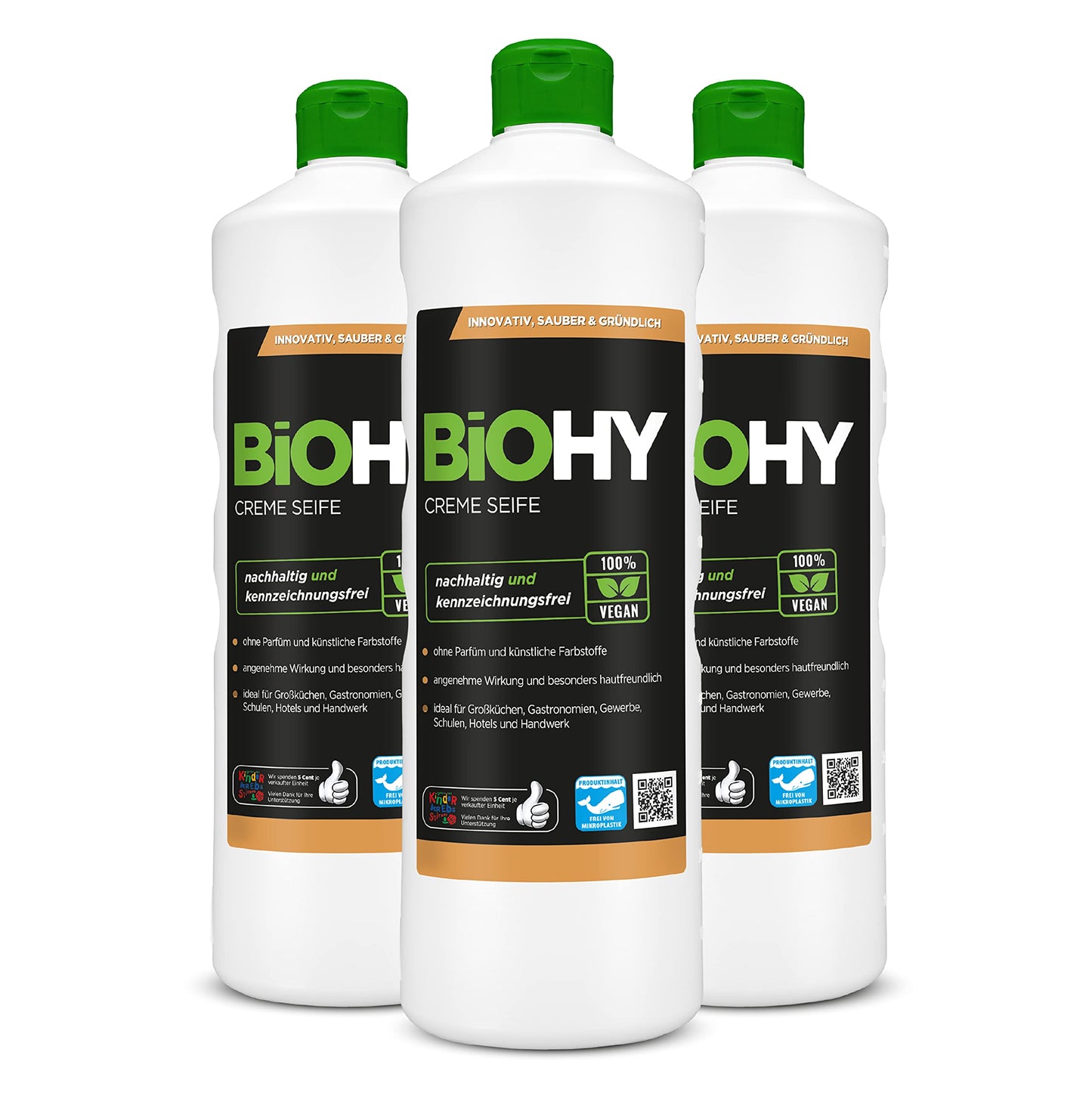 BiOHY Crema de Jabon (1 botella de 1 litro) | Suave, hidratante e inodoro jabón de manos del sector vegetal | LIBRE DE FOSFATOS Sin perfume ni colorantes (Creme Seife)
