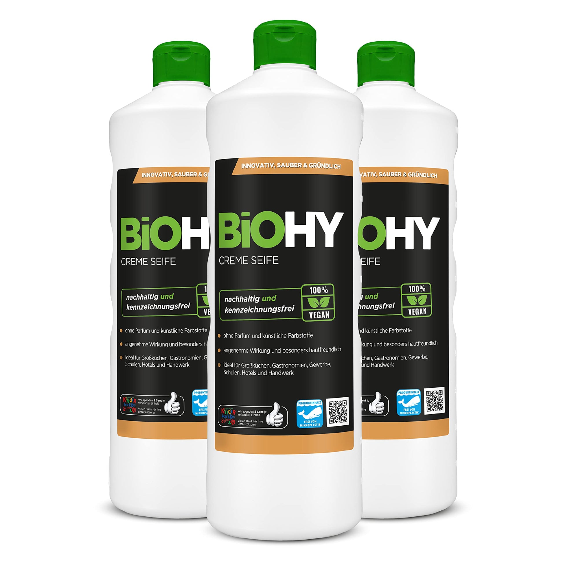 BiOHY Crema de Jabon (1 botella de 1 litro) | Suave, hidratante e inodoro jabón de manos del sector vegetal | LIBRE DE FOSFATOS Sin perfume ni colorantes (Creme Seife)