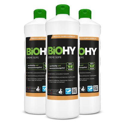 BiOHY Crema de Jabon (1 botella de 1 litro) | Suave, hidratante e inodoro jabón de manos del sector vegetal | LIBRE DE FOSFATOS Sin perfume ni colorantes (Creme Seife)