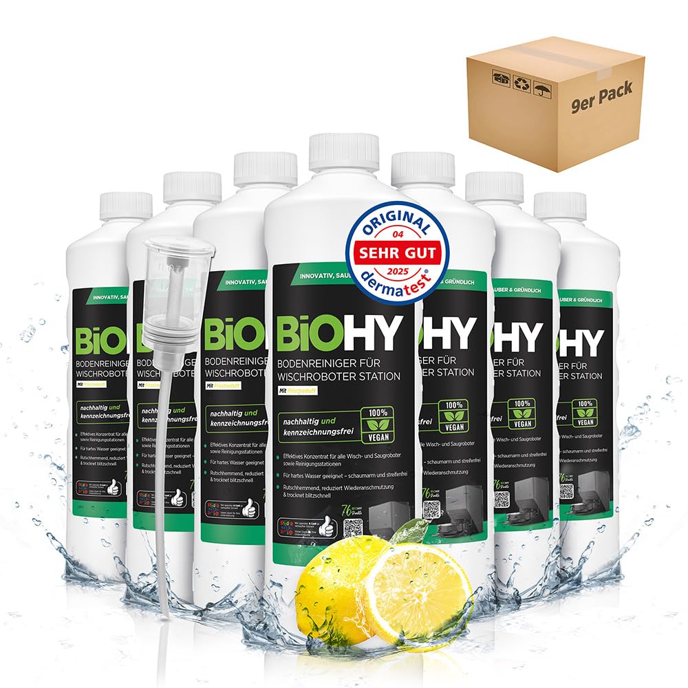 BiOHY Limpiador de suelos para todos los robots con aroma a naranja (500 ml) | Detergente concentrado para todos los robots limpiadores y aspiradores con función húmeda | Sin espuma y sin rayas | Para