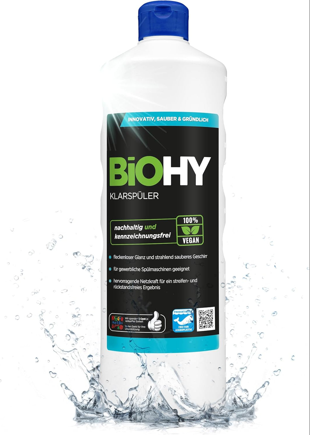 BiOHY Abrillantador (1 botella de 1 litro) | Apto para todos los lavavajillas | para un brillo inmejorable en los vasos y platos sin manchas de agua (Klarspüler)