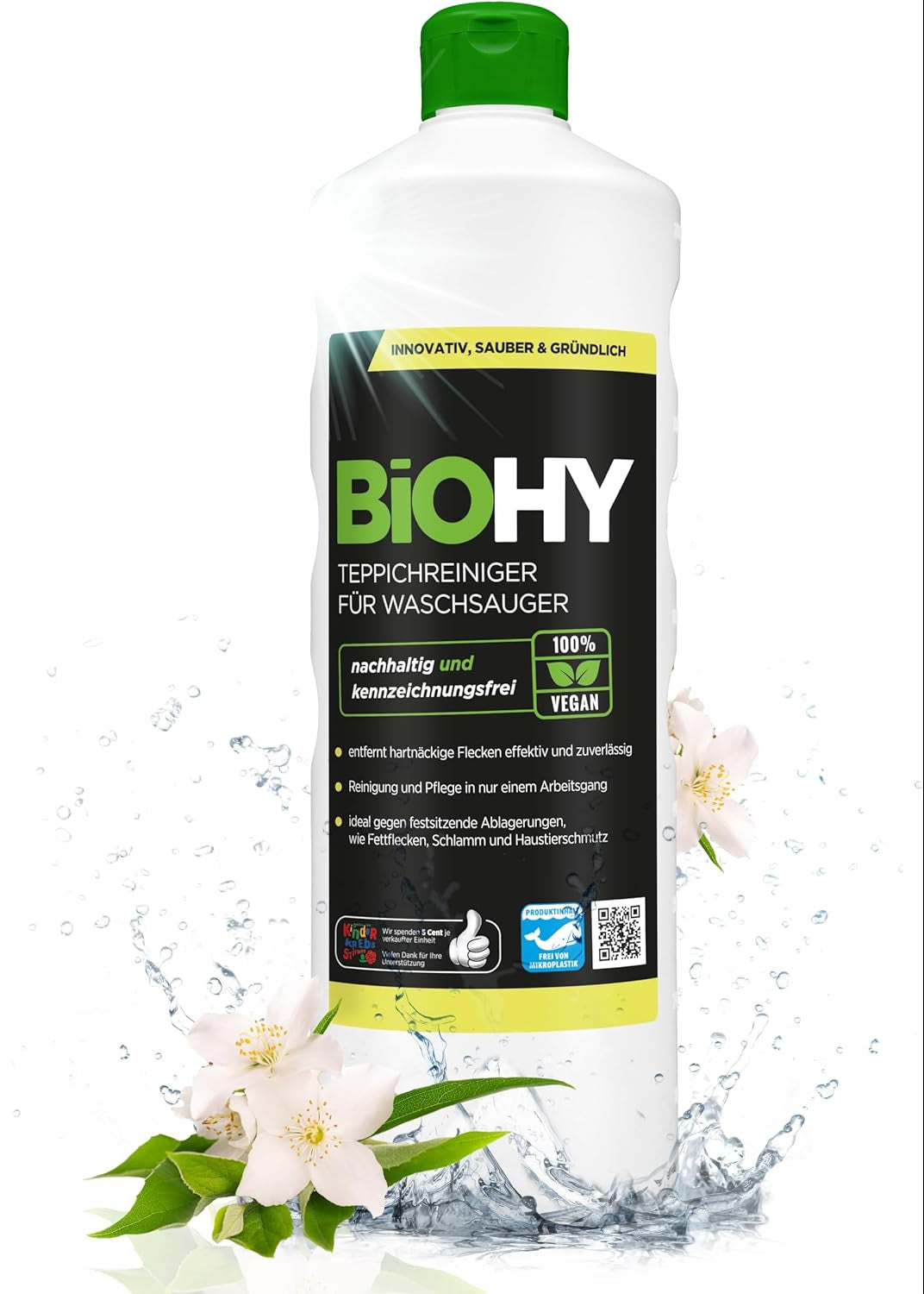 BiOHY Limpiador de alfombra para aspiradoras en húmedo (1 botella de 1 litro) | adecuado para todas las aspiradoras | elimina sin esfuerzo todas las manchas (Waschsauger)