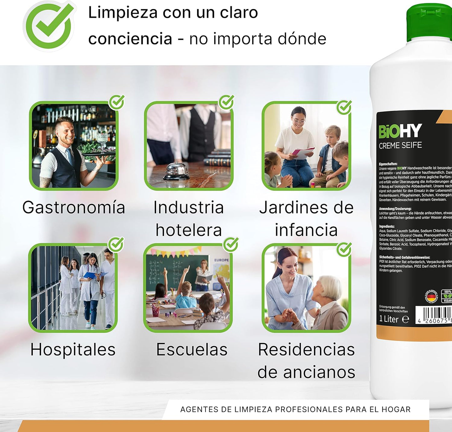 BiOHY Crema de Jabon (1 botella de 1 litro) | Suave, hidratante e inodoro jabón de manos del sector vegetal | LIBRE DE FOSFATOS Sin perfume ni colorantes (Creme Seife)