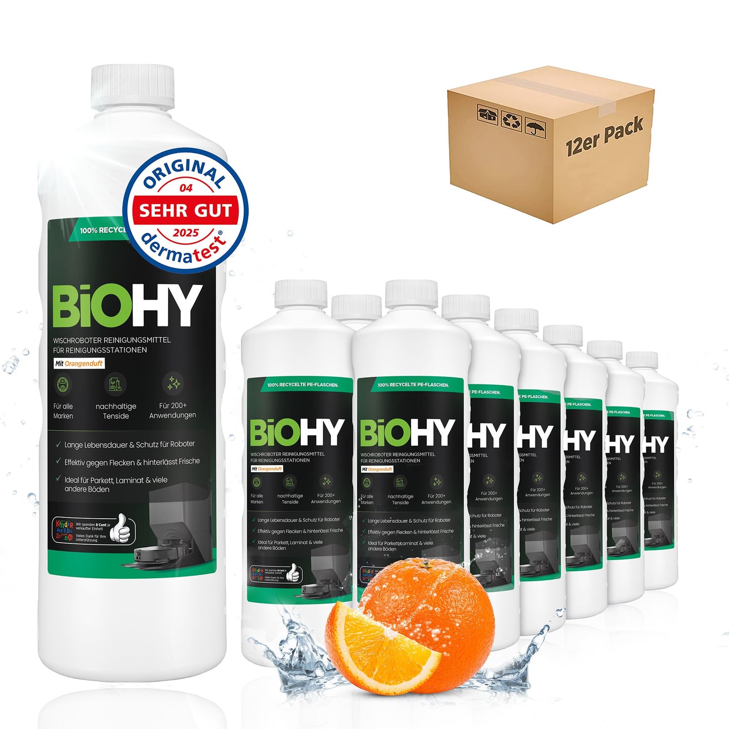 BiOHY Limpiador de suelos para todos los robots con aroma a naranja (500 ml) | Detergente concentrado para todos los robots limpiadores y aspiradores con función húmeda | Sin espuma y sin rayas | Para
