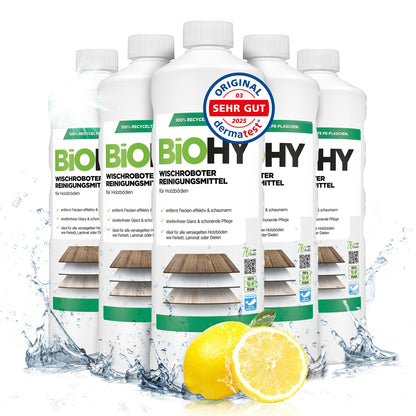BiOHY Detergente robot de limpieza (1 botella de 1 litro) | Limpiador para los suelos de madera | parquet y laminado | Concentrado con fragancia fresca brillo sin rayas| vegano (Wischroboter Holz)