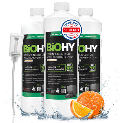 BiOHY Limpiador de suelos para todos los robots con aroma a naranja (500 ml) | Detergente concentrado para todos los robots limpiadores y aspiradores con función húmeda | Sin espuma y sin rayas | Para