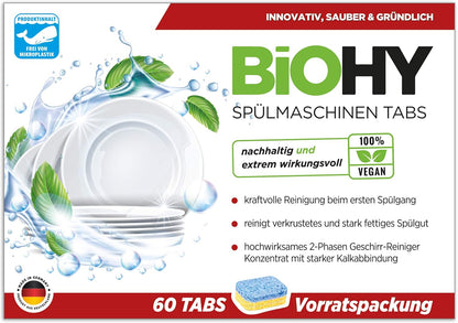 BiOHY Pastillas para lavavajillas (60 Tabs) | Detergente lavavajillas de Alta eficacia en 2 Fases | con pestañas para una Limpieza Potente | 60 pestañas Paquete de Almacenamiento (Spülmaschinen Tabs)