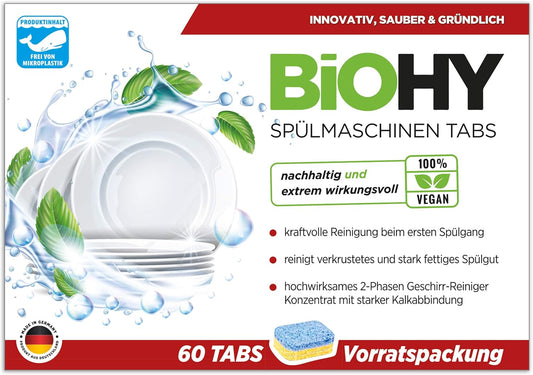 BiOHY Pastillas para lavavajillas (60 Tabs) | Detergente lavavajillas de Alta eficacia en 2 Fases | con pestañas para una Limpieza Potente | 60 pestañas Paquete de Almacenamiento (Spülmaschinen Tabs)