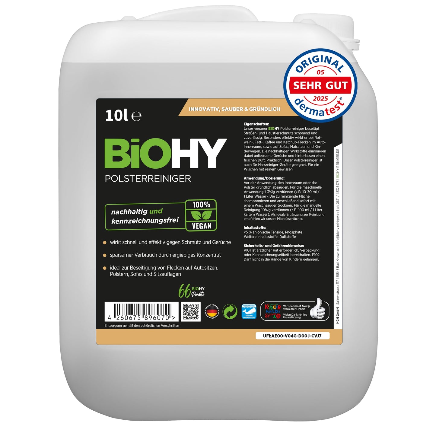 BiOHY Limpiador tapicerías (1 botella de 1 litro) | Ideal para asientos de coche, sofás, colchones, etc. | También es adecuado para las lavadoras (Polsterreiniger)