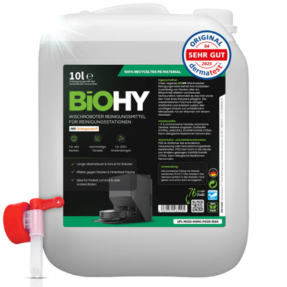 BiOHY Limpiador de suelos para todos los robots con aroma a naranja (500 ml) | Detergente concentrado para todos los robots limpiadores y aspiradores con función húmeda | Sin espuma y sin rayas | Para