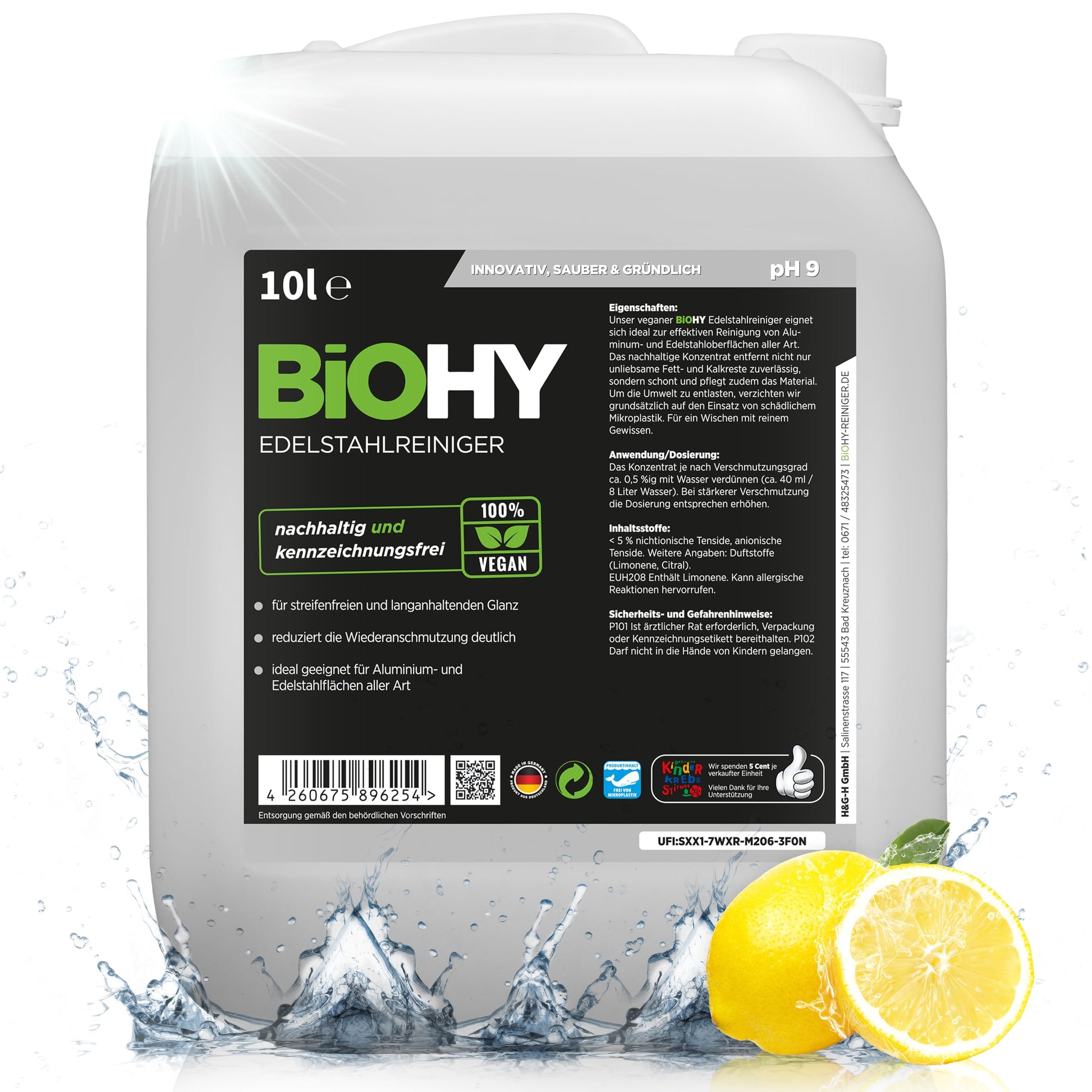 BiOHY Limpiador de acero inoxidable (1 botella de 1 litro) | Cuidado para un brillo sin rayas | limpia la cocina, las ollas o la parrilla | Gastronomía y Hogar (Edelstahlreiniger)