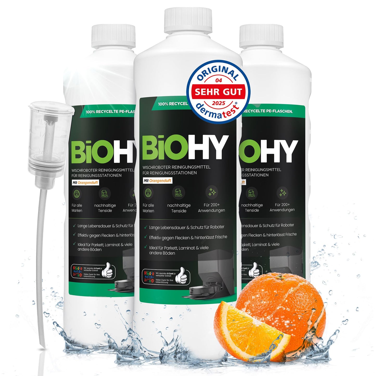 BiOHY Limpiador de suelos para todos los robots con aroma a naranja (500 ml) | Detergente concentrado para todos los robots limpiadores y aspiradores con función húmeda | Sin espuma y sin rayas | Para