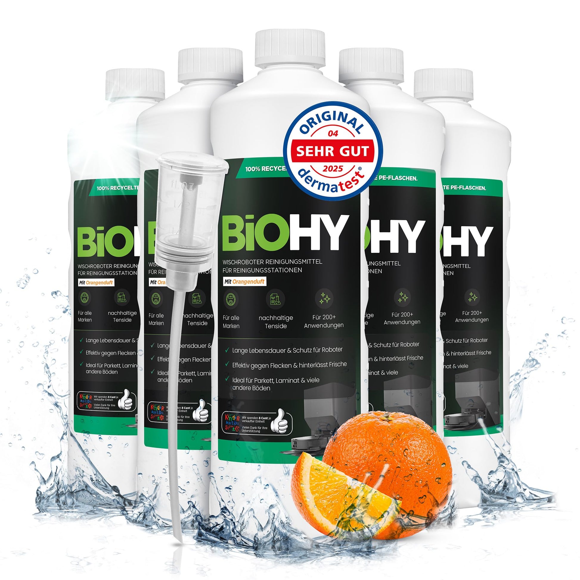 BiOHY Limpiador de suelos para todos los robots con aroma a naranja (500 ml) | Detergente concentrado para todos los robots limpiadores y aspiradores con función húmeda | Sin espuma y sin rayas | Para