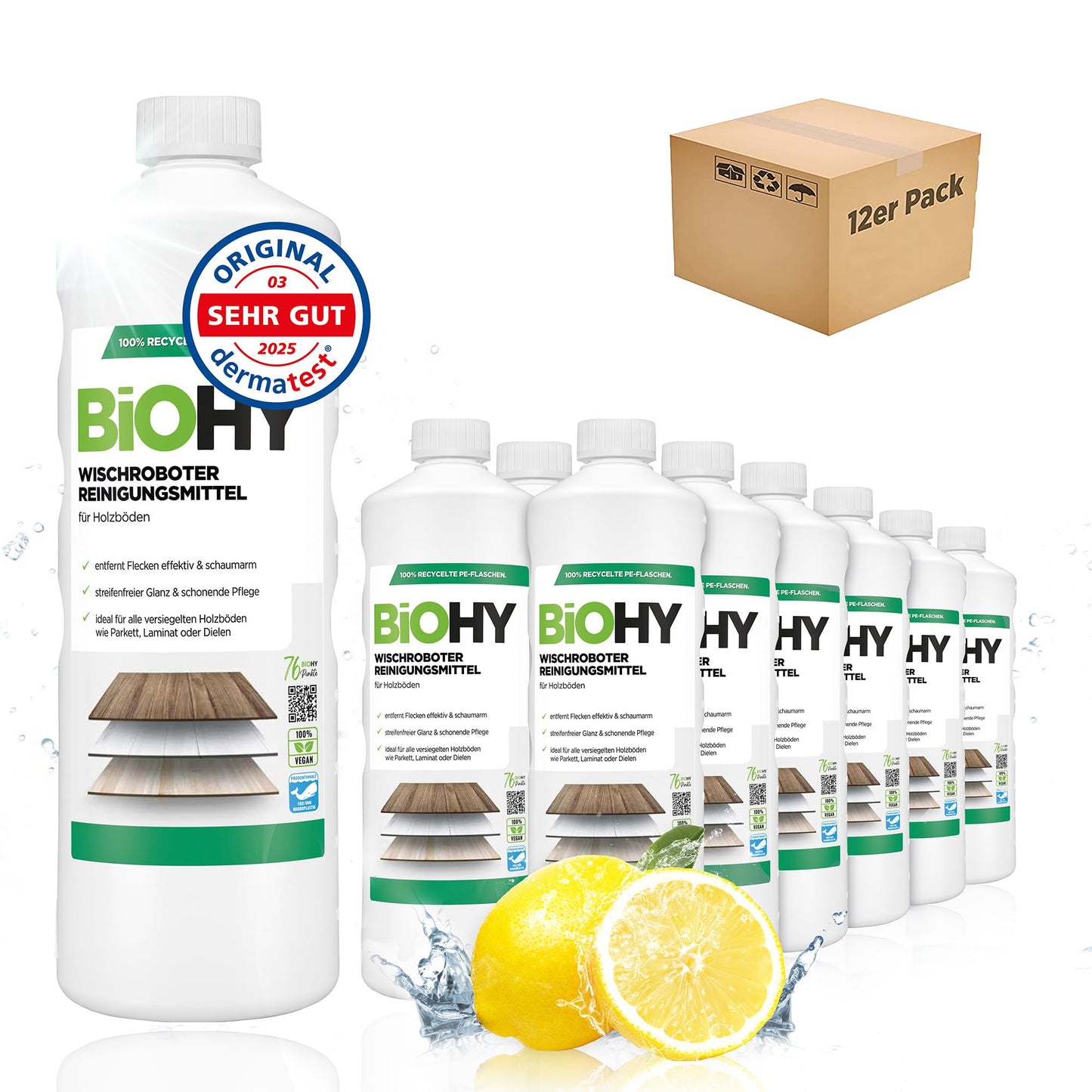 BiOHY Detergente robot de limpieza (1 botella de 1 litro) | Limpiador para los suelos de madera | parquet y laminado | Concentrado con fragancia fresca brillo sin rayas| vegano (Wischroboter Holz)