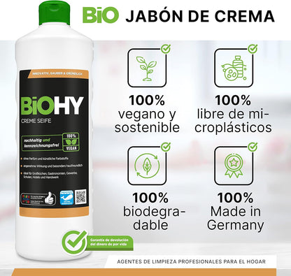 BiOHY Crema de Jabon (1 botella de 1 litro) | Suave, hidratante e inodoro jabón de manos del sector vegetal | LIBRE DE FOSFATOS Sin perfume ni colorantes (Creme Seife)