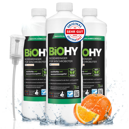 BiOHY Limpiador de suelos para todos los robots con aroma a naranja (500 ml) | Detergente concentrado para todos los robots limpiadores y aspiradores con función húmeda | Sin espuma y sin rayas | Para